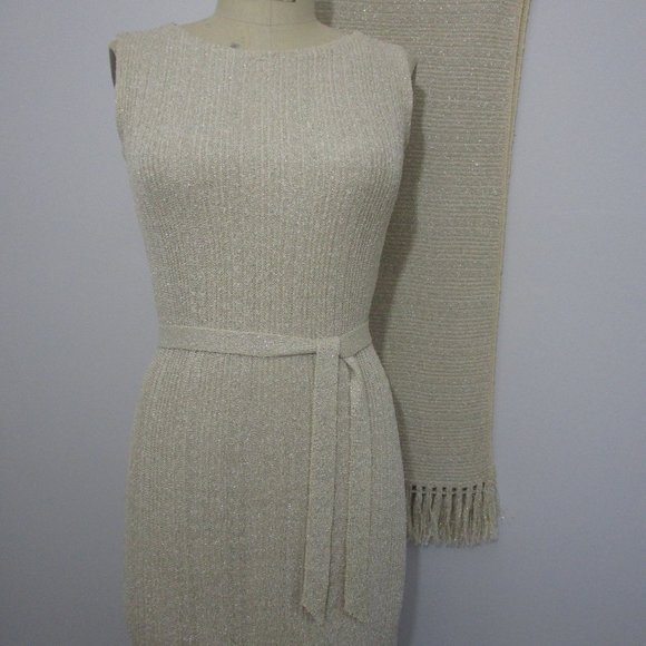 S 1960s Pinup Wiggle Bodycon Dress w Fringe Scarf Linen Champagne Metallic - Picture 1 of 11